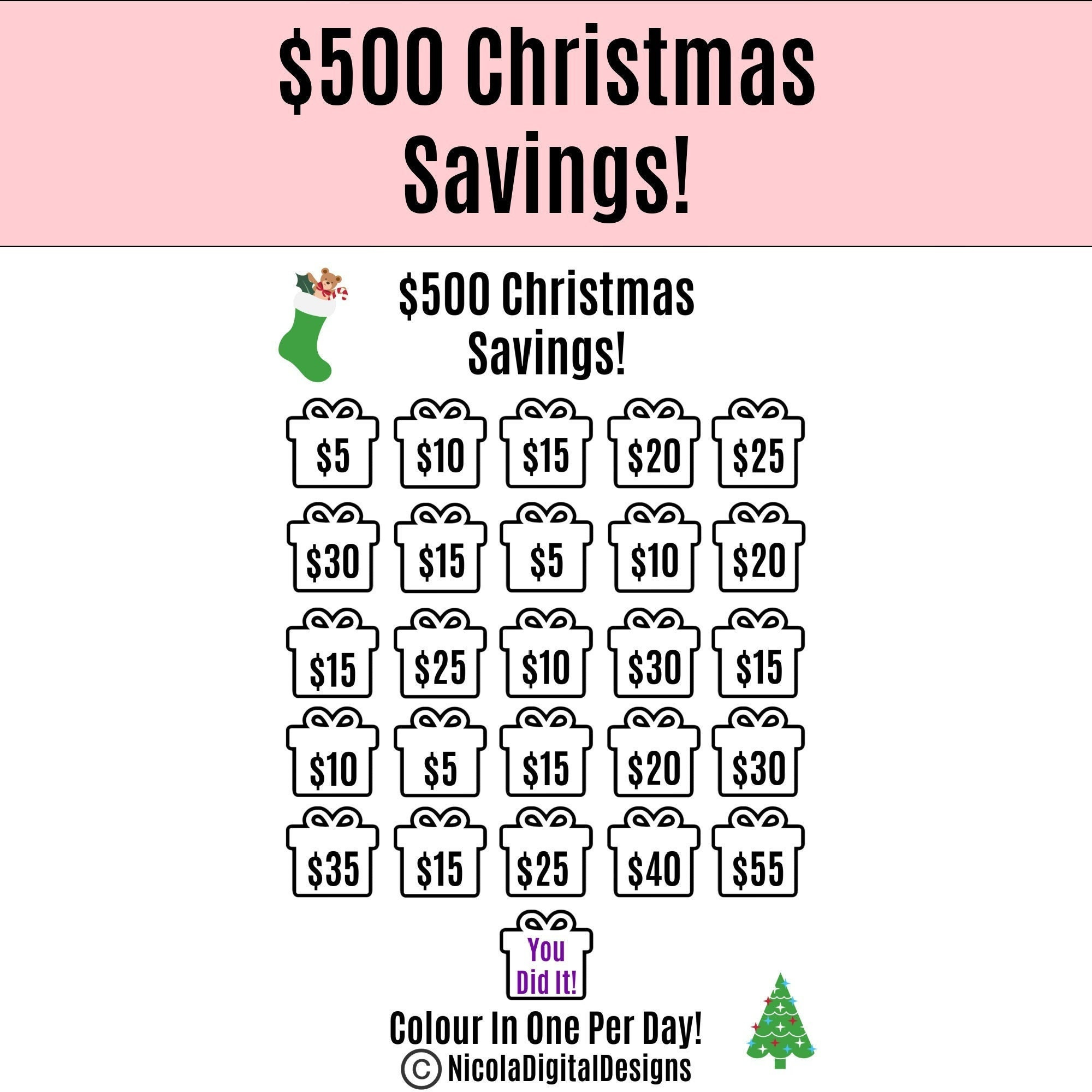 500 Christmas Savings Printable, 500 Money Savings Challenge in Christmas Savings Challenge Printable