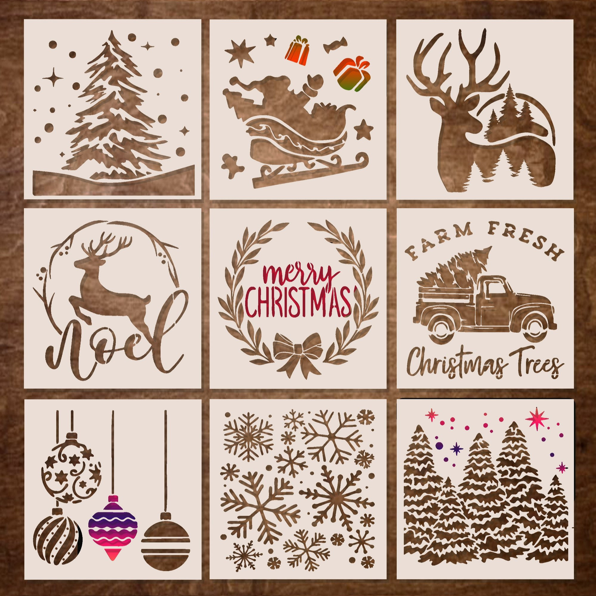 9 Set Small Christmas Stencils, 5X5 Inch Stencil For Painting On for Printable Wood Burning Christmas Stencils