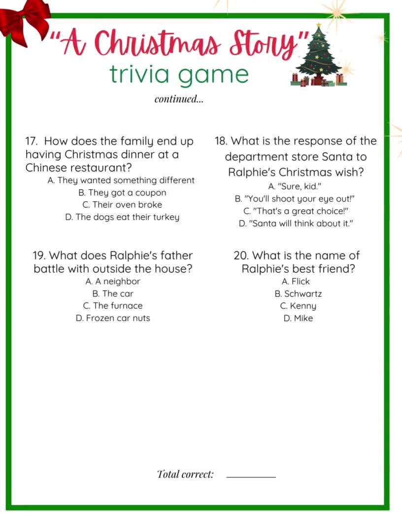 A Christmas Story Trivia, Christmas Trivia, Holiday Party Game, Christmas  Party Game, Printable Trivia, Christmas Printable Game for A Christmas Story Trivia Printable