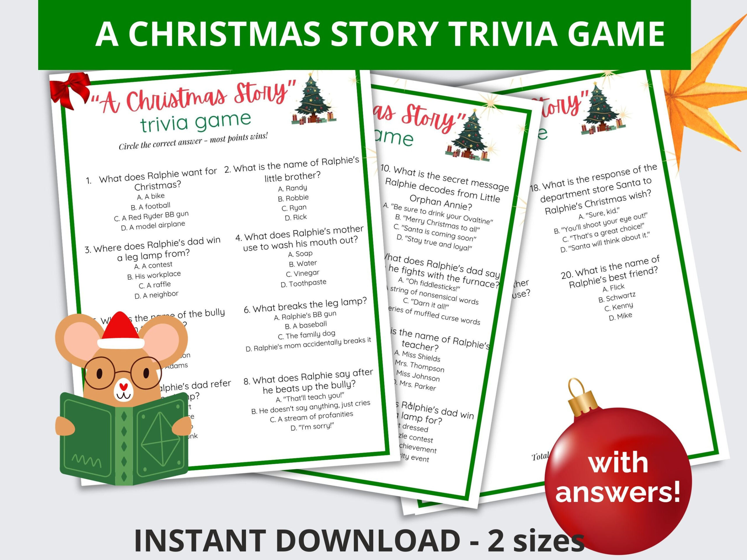 A Christmas Story Trivia, Christmas Trivia, Holiday Party Game in A Christmas Story Trivia Printable with Answers