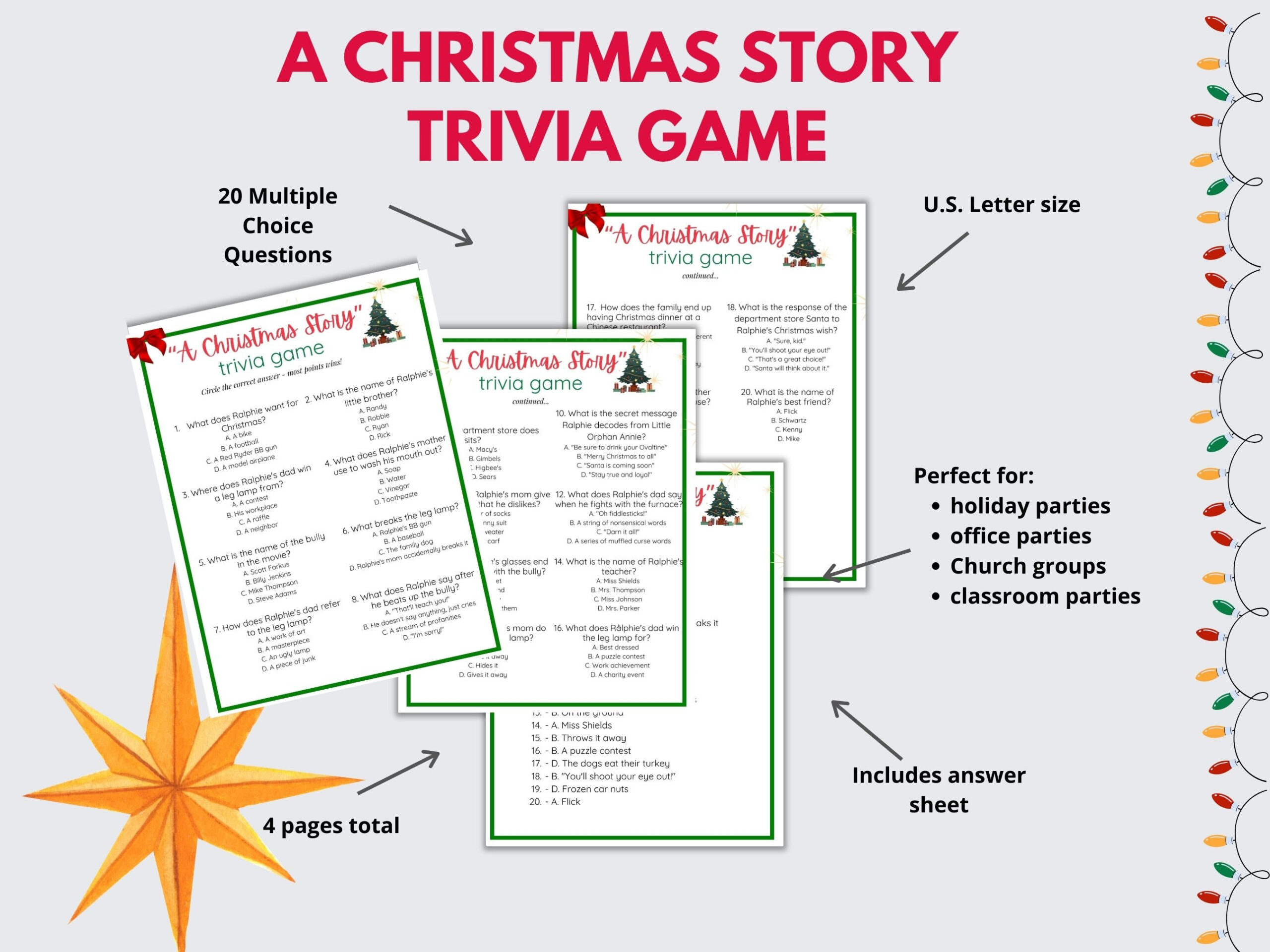 A Christmas Story Trivia, Christmas Trivia, Holiday Party Game with regard to A Christmas Story Trivia Printable With Answers