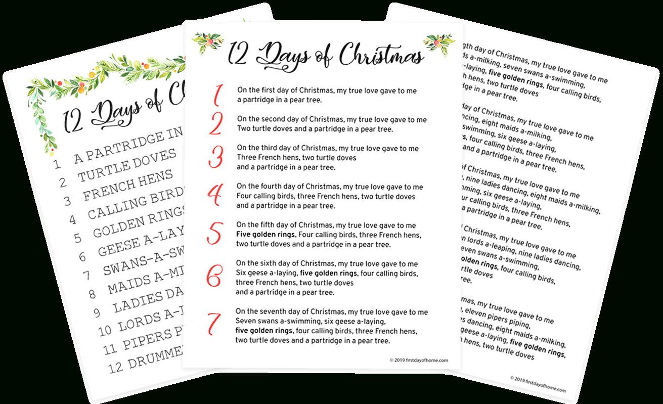 Beautiful 12 Days Of Christmas Lyrics Printable [Free Download] with regard to Lyrics For Twelve Days Of Christmas Printable