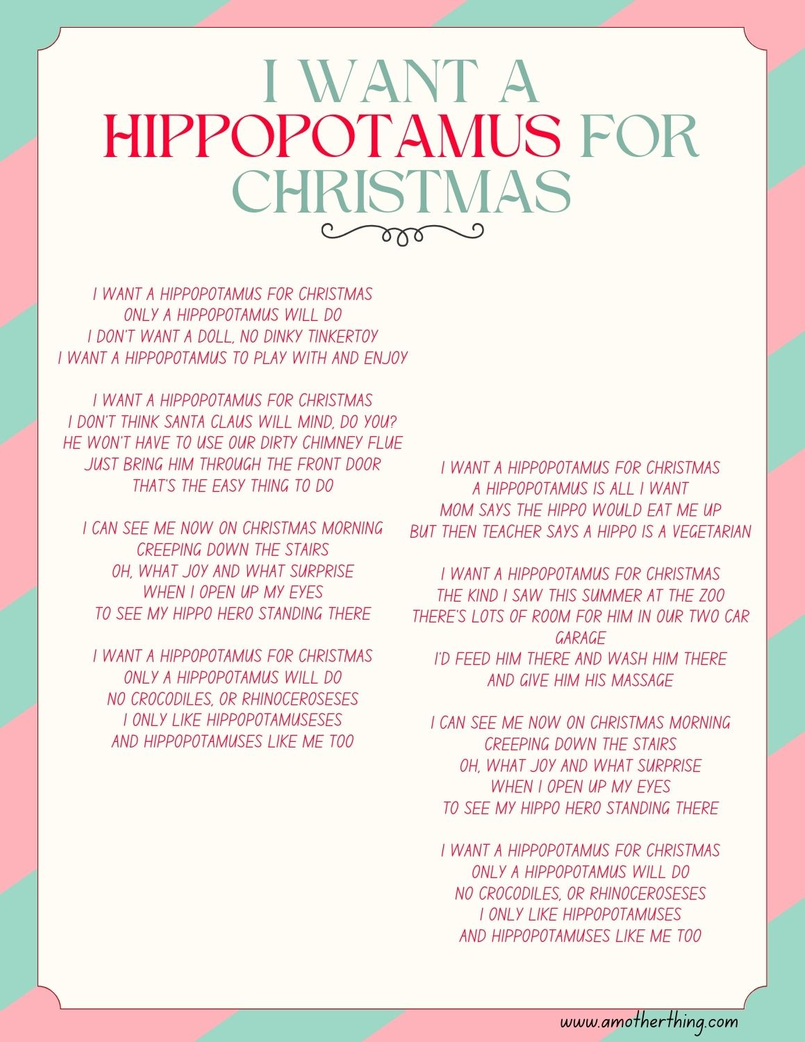 Best Easy Christmas Songs For Kids (With Lyrics!) | It'S A Mother regarding Printable Lyrics to I Want a Hippopotamus For Christmas