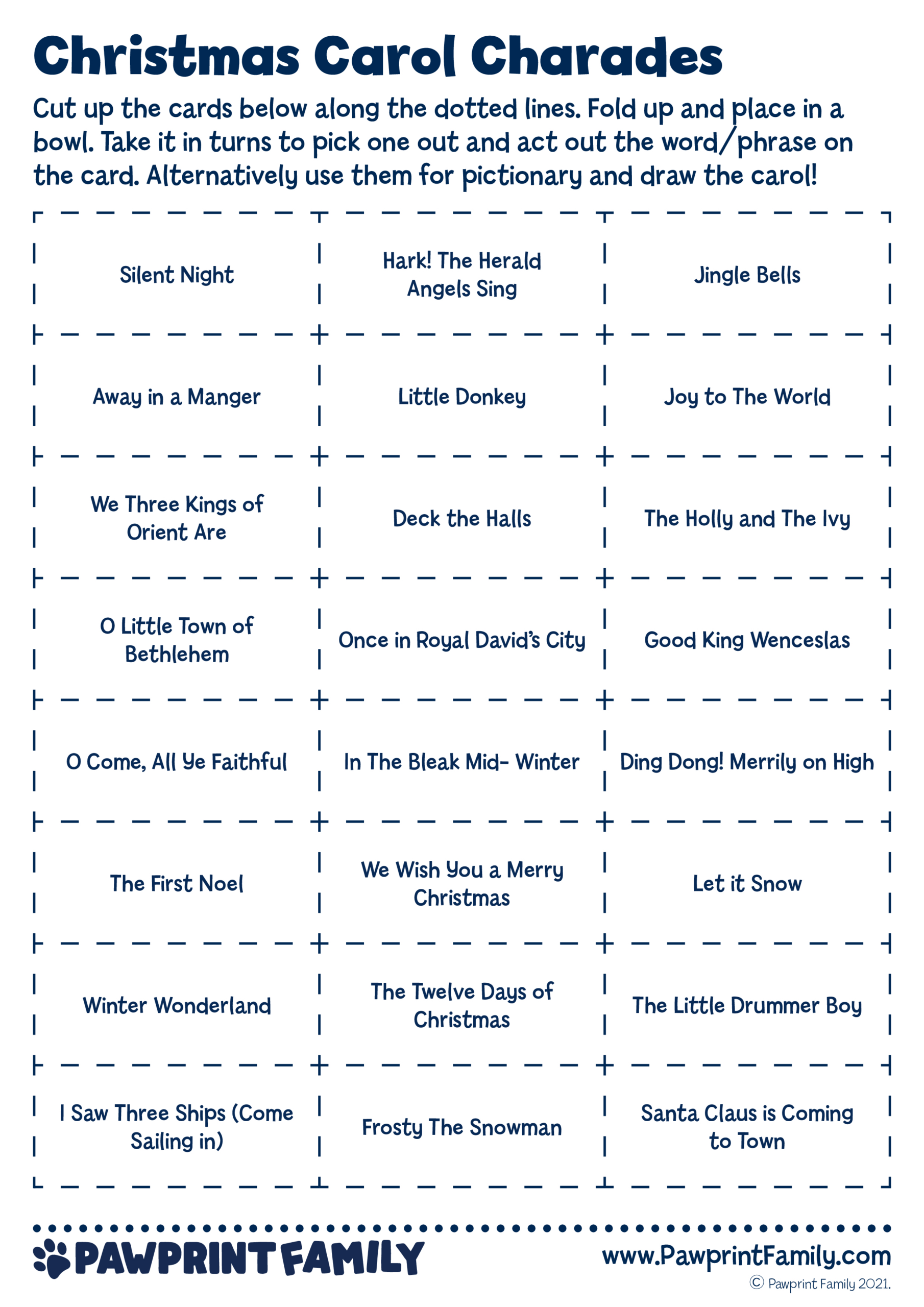 Christmas Carol Charades | Pawprint Family inside Christmas Carol Charades Printable