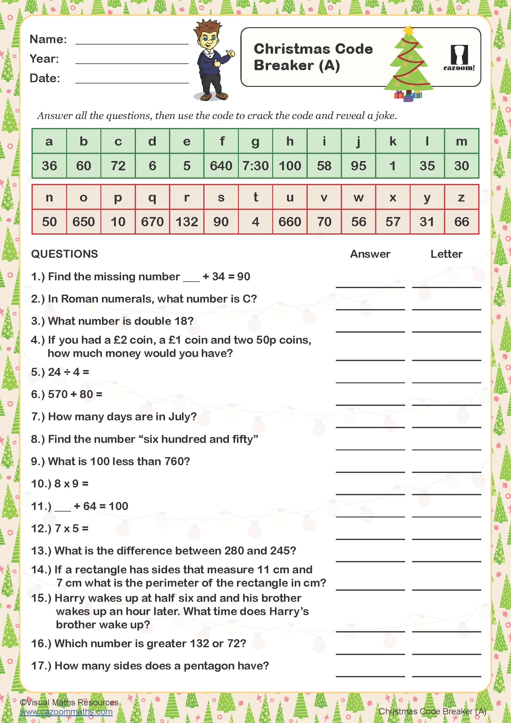 Christmas Code Breaker (A) Worksheet | Cazoom Maths Worksheets regarding Christmas Code Breaker Printable