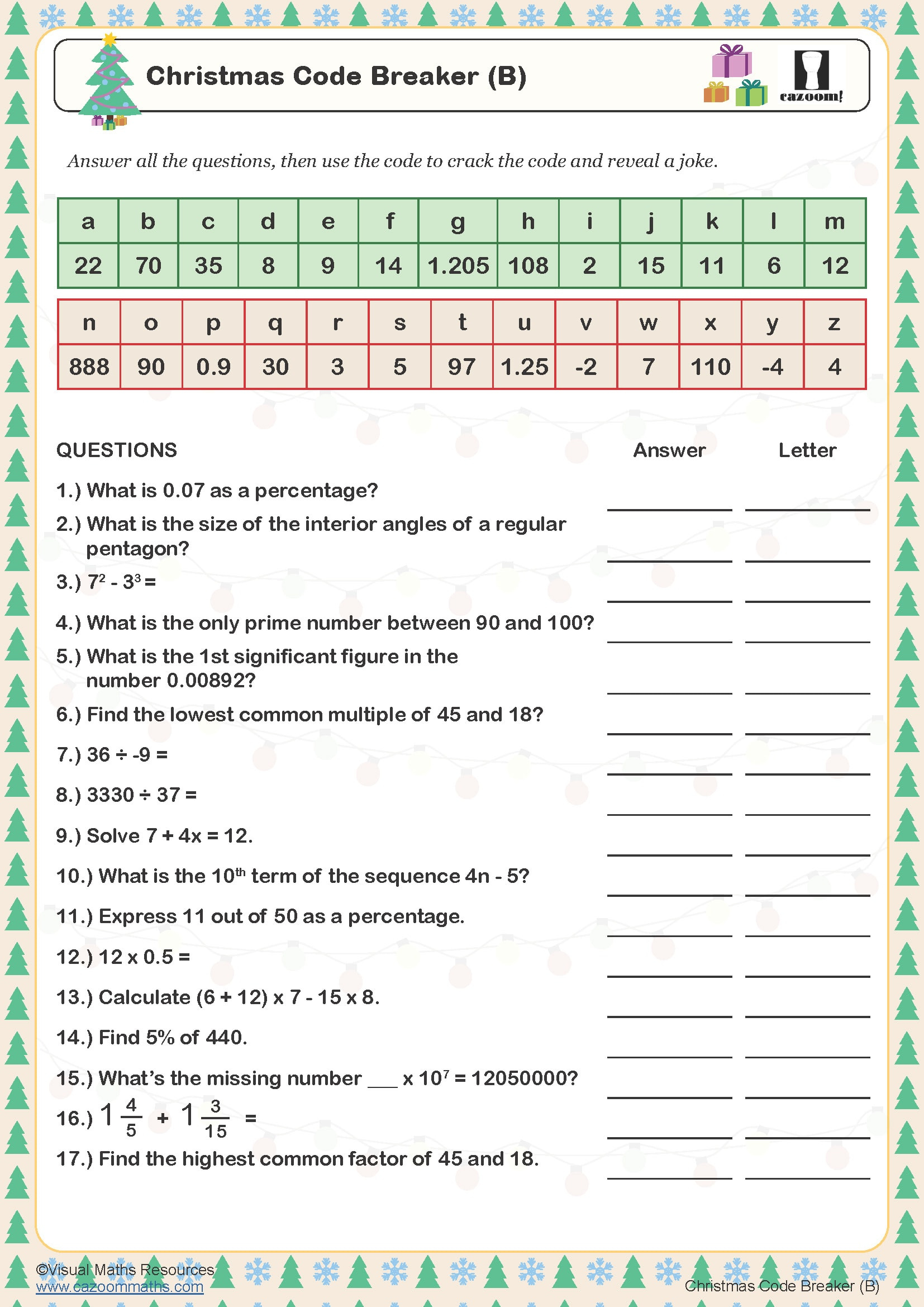 Christmas Code Breaker (B) Worksheet | Cazoom Maths Worksheets throughout Christmas Code Breaker Printable