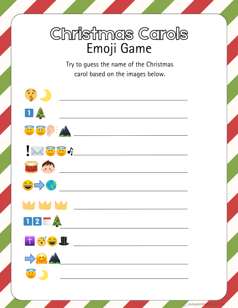 Christmas Emoji Game Printable: Christmas Carols - Out Upon The Waters for Free Printable Christmas Song Picture Game