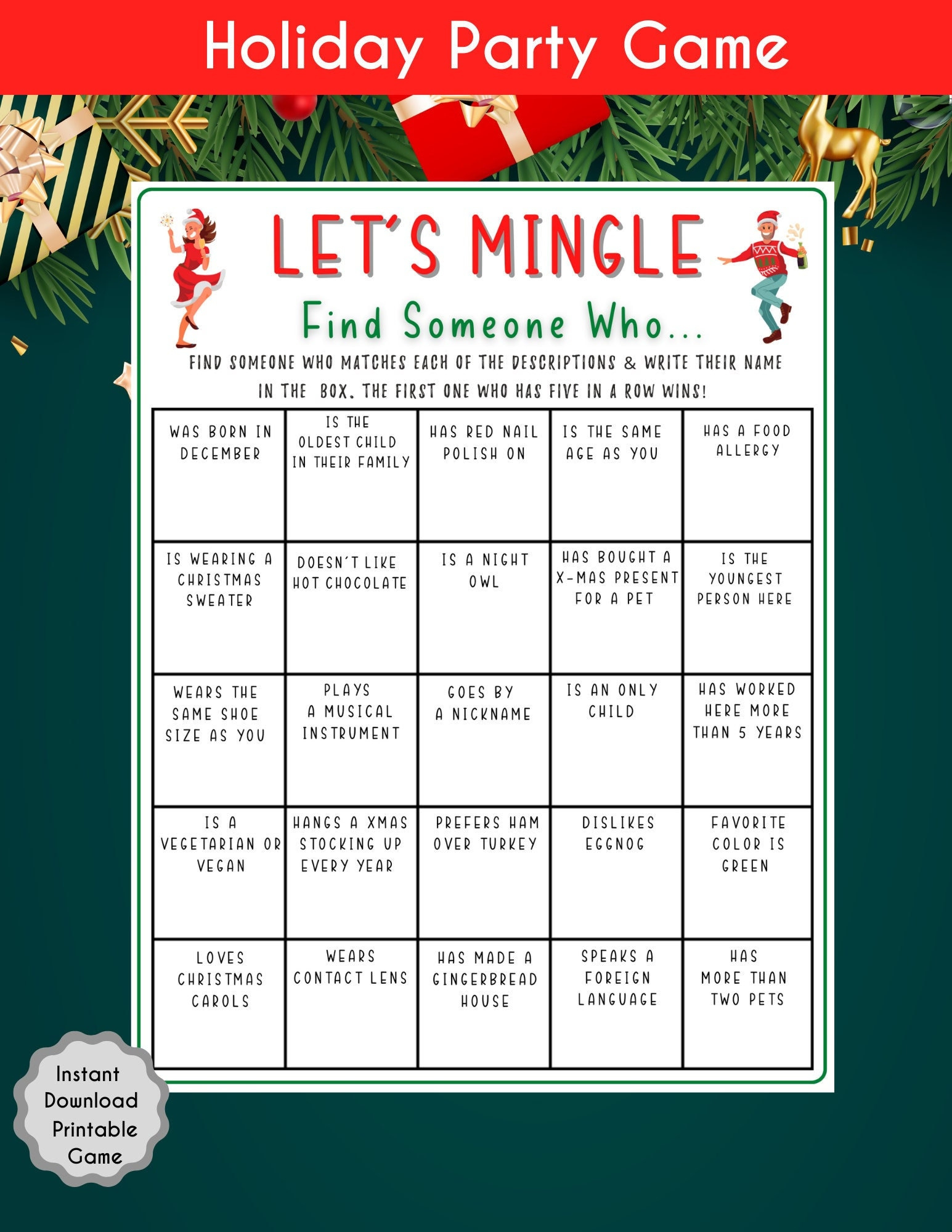 Christmas Find Someone Who Bingo Game: Holiday Party Activity inside Christmas Find Someone Who Game Free Printable