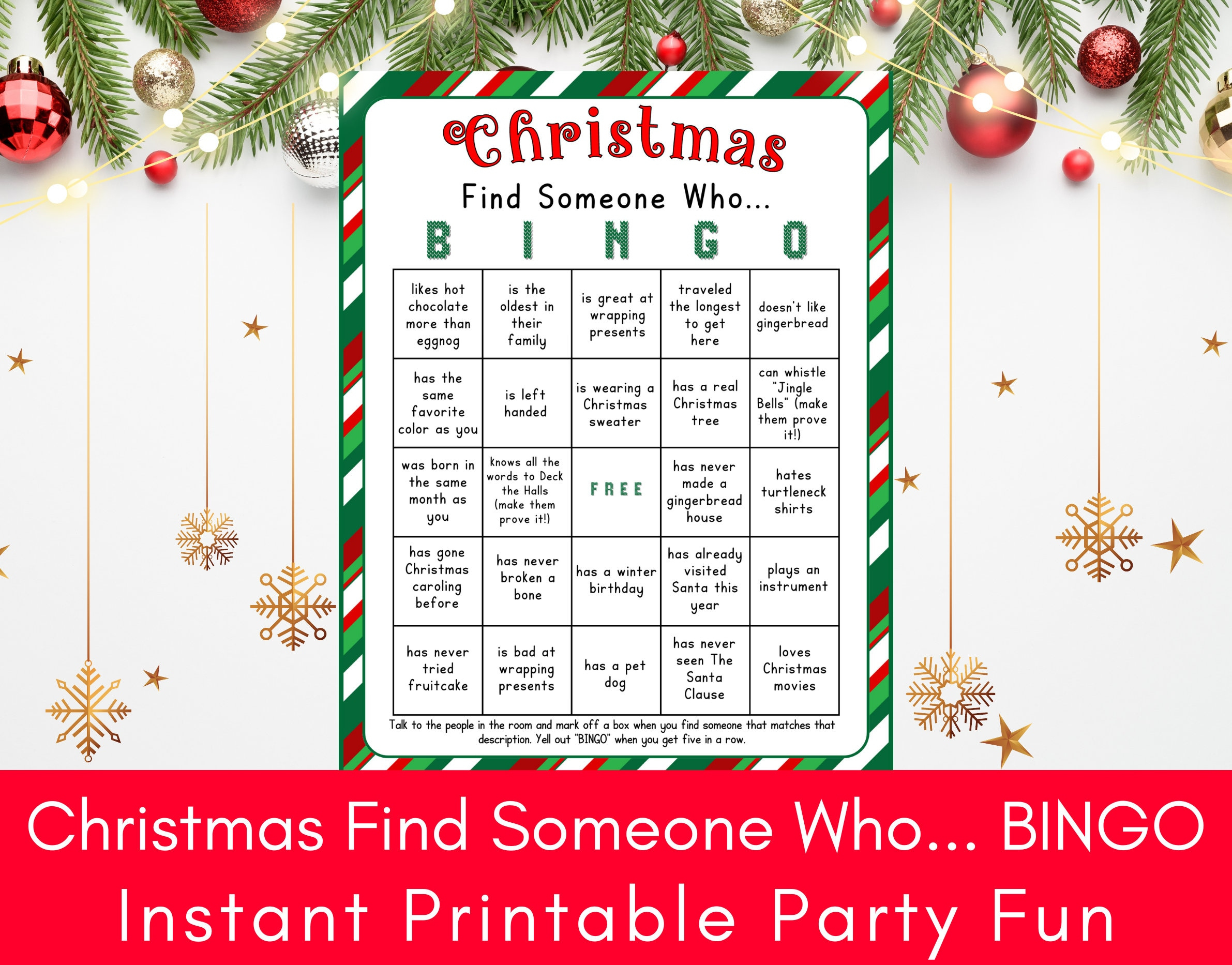 Christmas Find Someone Who Bingo, Printable Holiday Game, Large for Christmas Find Someone Who Game Free Printable