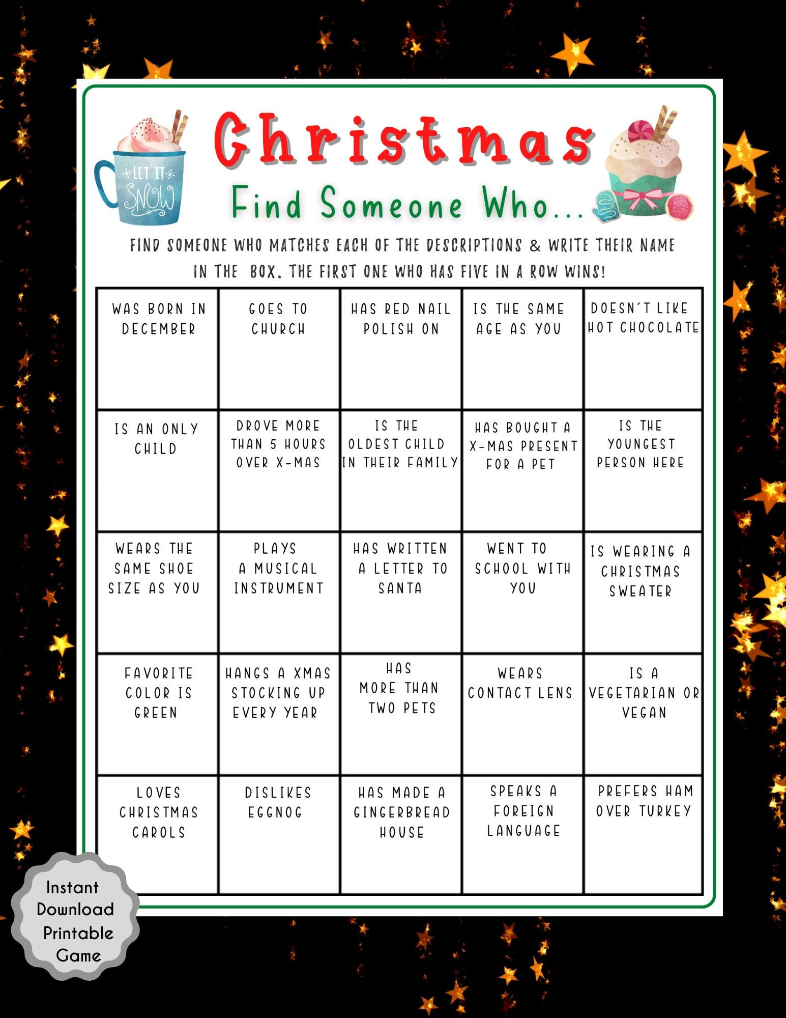 Christmas Find Someone Who Game: Holiday Party Printable (Pdf inside Christmas Find Someone Who Game Free Printable