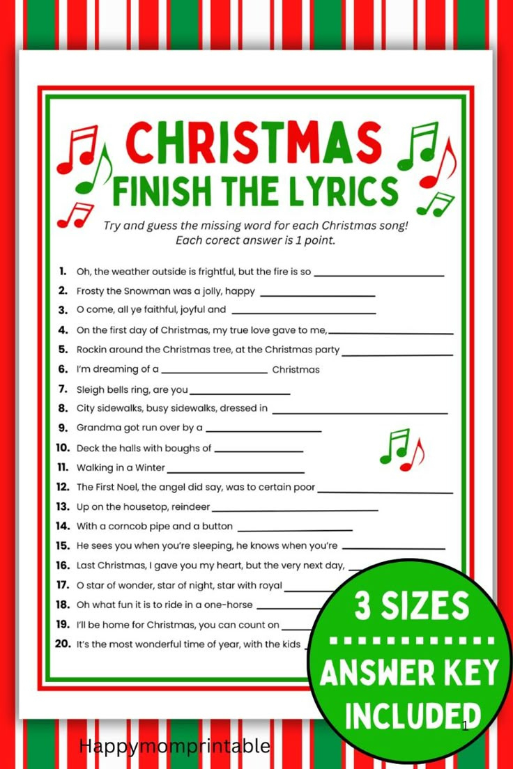 Christmas Finish The Lyrics Song Game Printable With Answers for Christmas Finish The Lyrics Printable