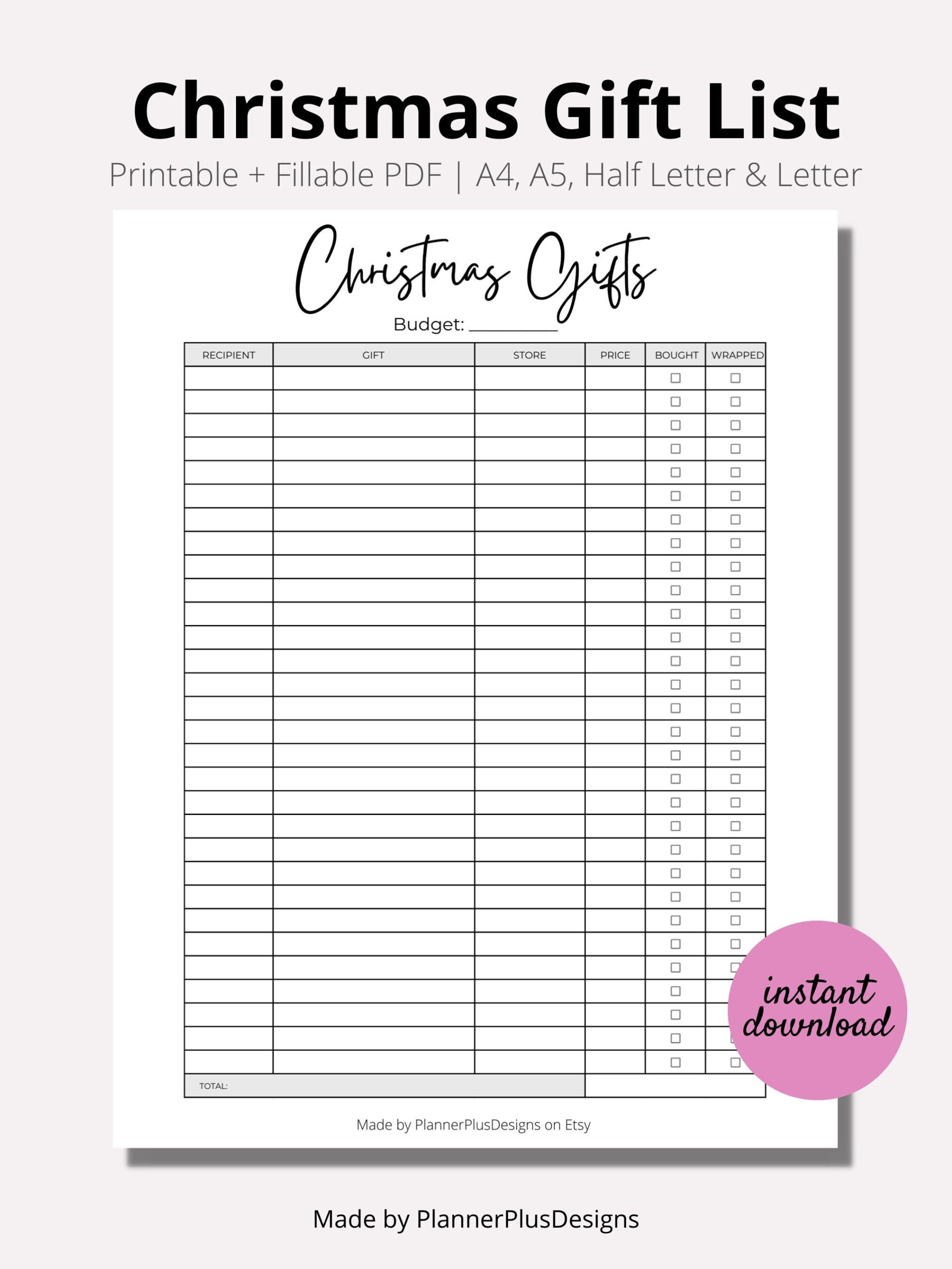 Christmas Gift List, Gift Tracker, Christmas Gift Planner with regard to Christmas Gift Organizer Printable