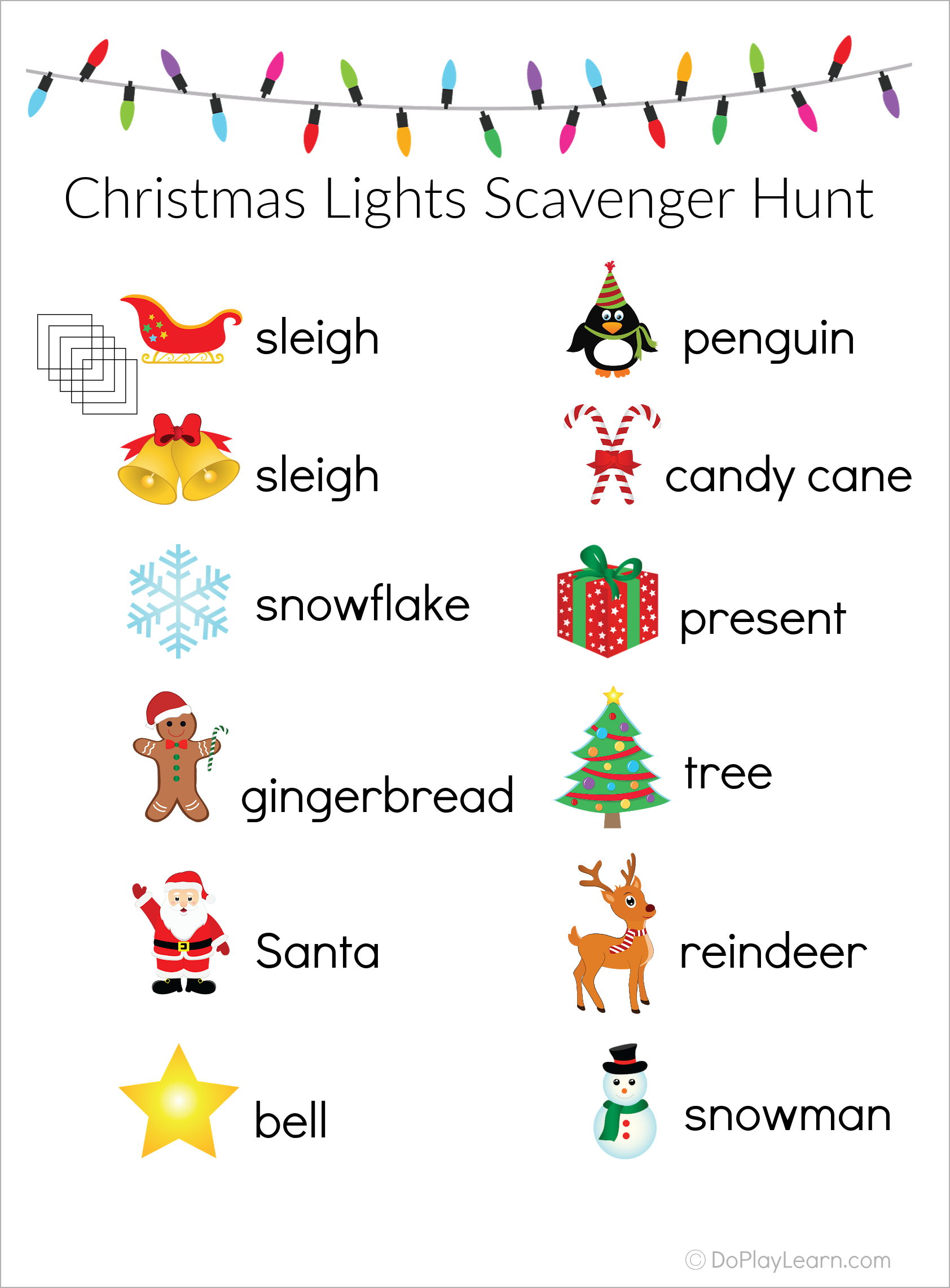 Christmas Light Scavenger Hunt Free Printable - Do Play Learn inside Christmas Light Scavenger Hunt Printable With Pictures