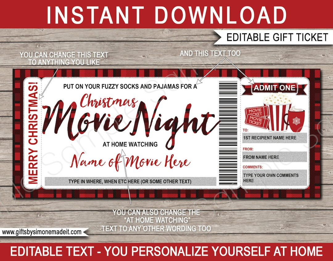 Christmas Movie Night Ticket Vorlage: Bearbeitbarer intended for Christmas Movie Ticket Printable