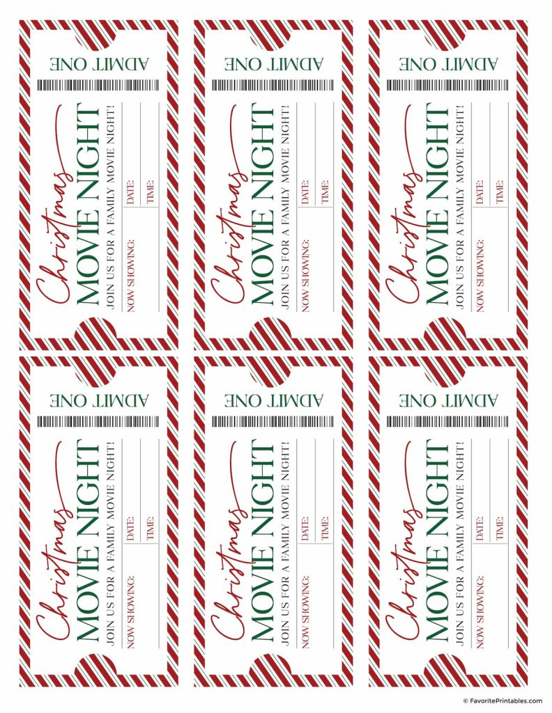 Christmas Movie Night Tickets And Checklist, Free Printable Set regarding Christmas Movie Ticket Printable