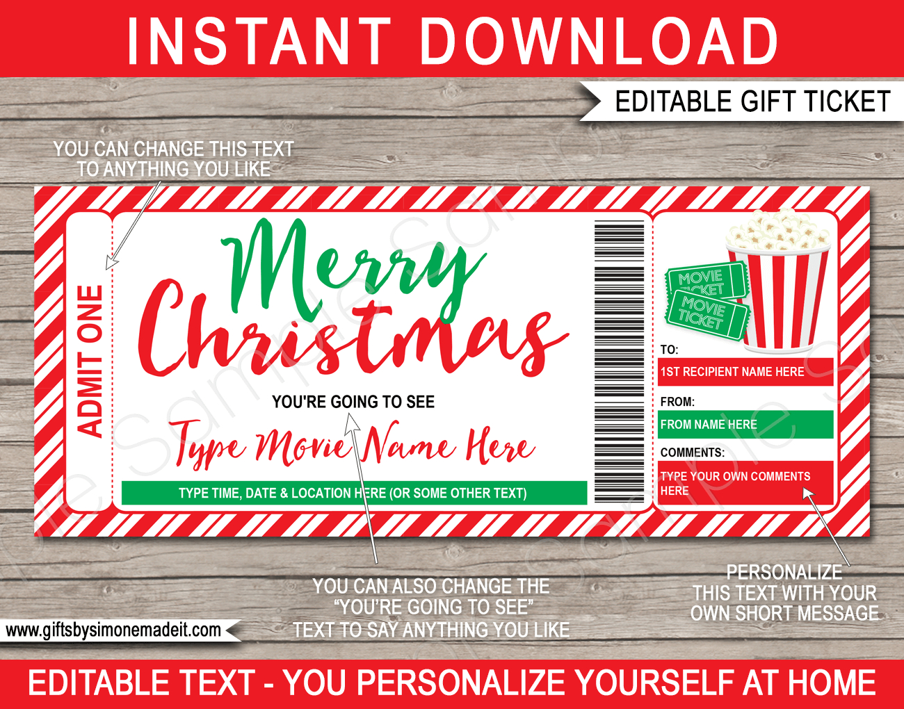 Christmas Movie Ticket Gift Template | Family Movie Night Gift Voucher for Christmas Movie Ticket Printable