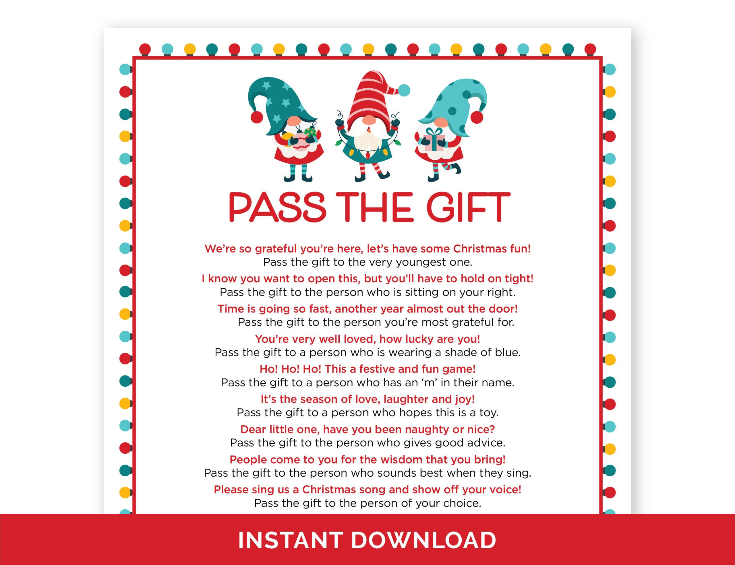 Christmas Pass The Gift Game, Printable Pass The Present Holiday in Pass the Gift Christmas Game Printable
