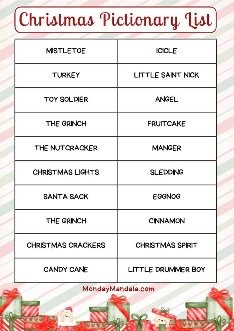 Christmas Pictionary Lists (Free Pdf Printables) within Christmas Pictionary Word Generator Printable