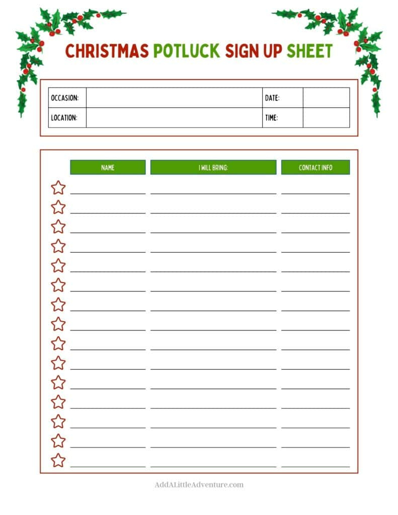 Christmas Potluck Sign-Up Sheets (Free Printables) regarding Christmas Potluck Signup Sheet Printable