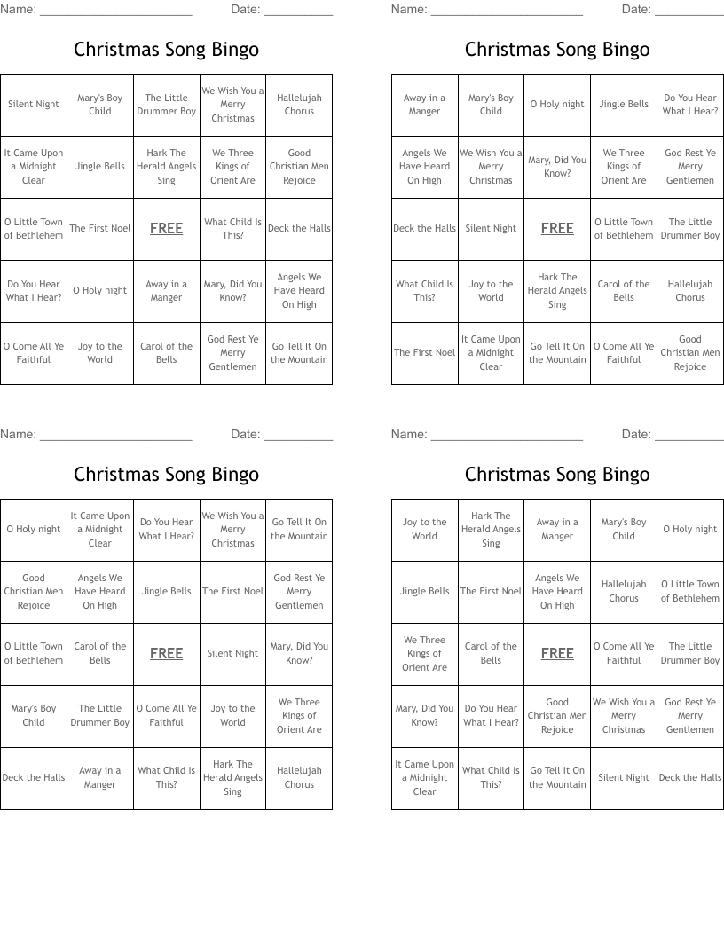 Christmas Song Bingo - Wordmint in Christmas Music Bingo Free Printable