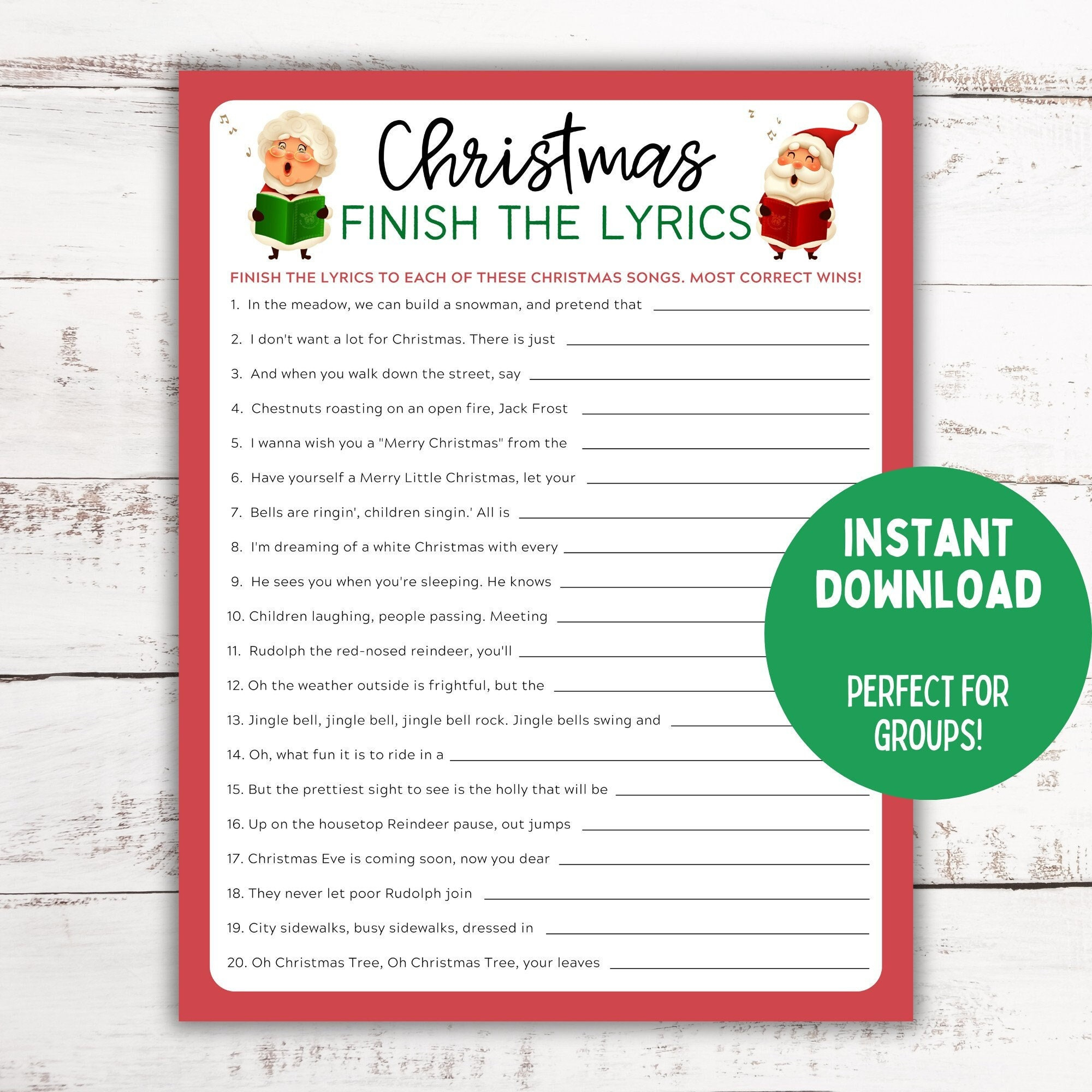 Christmas Song Trivia Game | Finish The Lyrics | Christmas Printable Game |  Christmas Family Activity| Christmas Party Game with Christmas Finish The Lyrics Printable