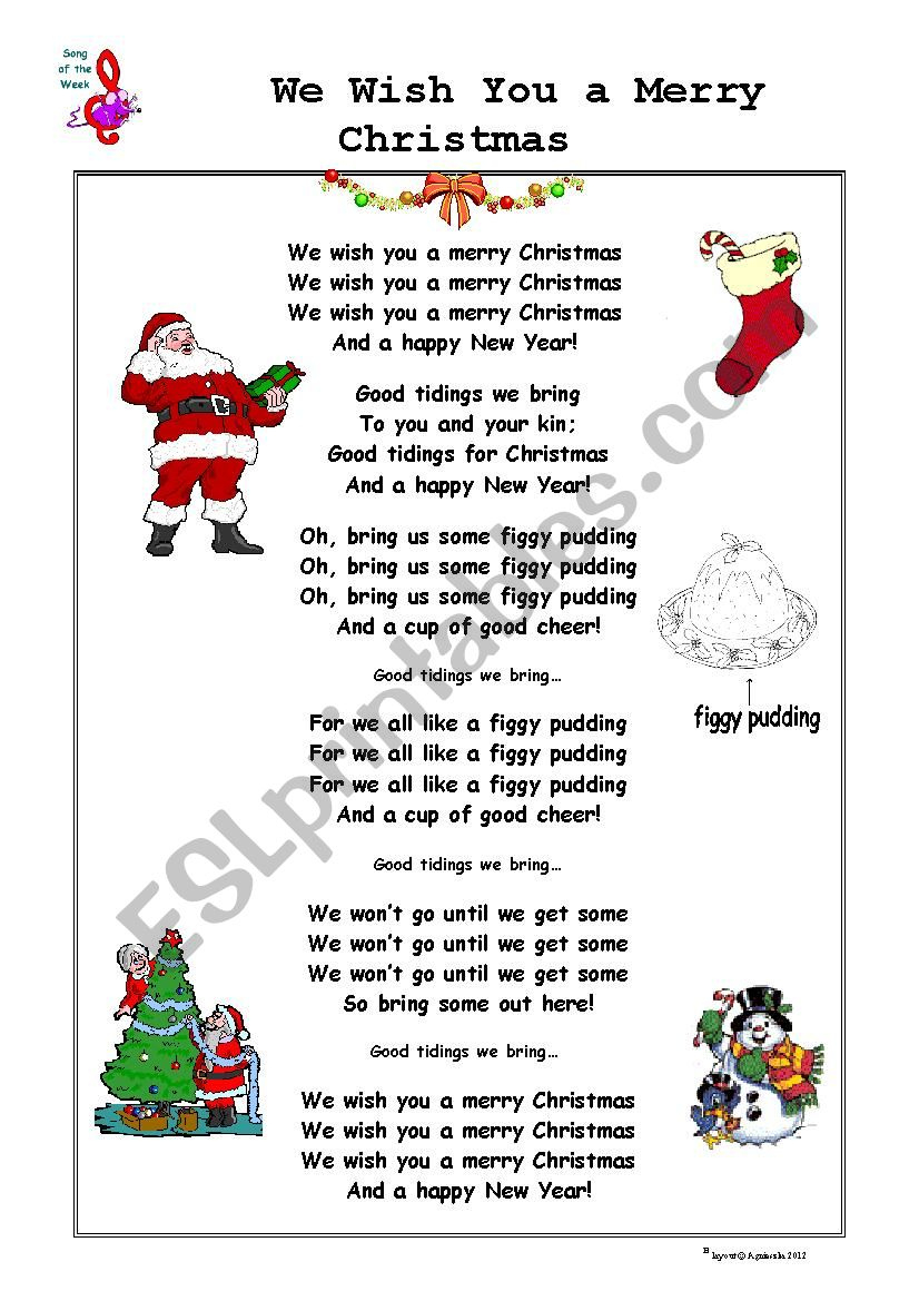 Christmas Song: We Wish You A Merry Christmas - Esl Worksheet within Lyrics We Wish You a Merry Christmas Printable