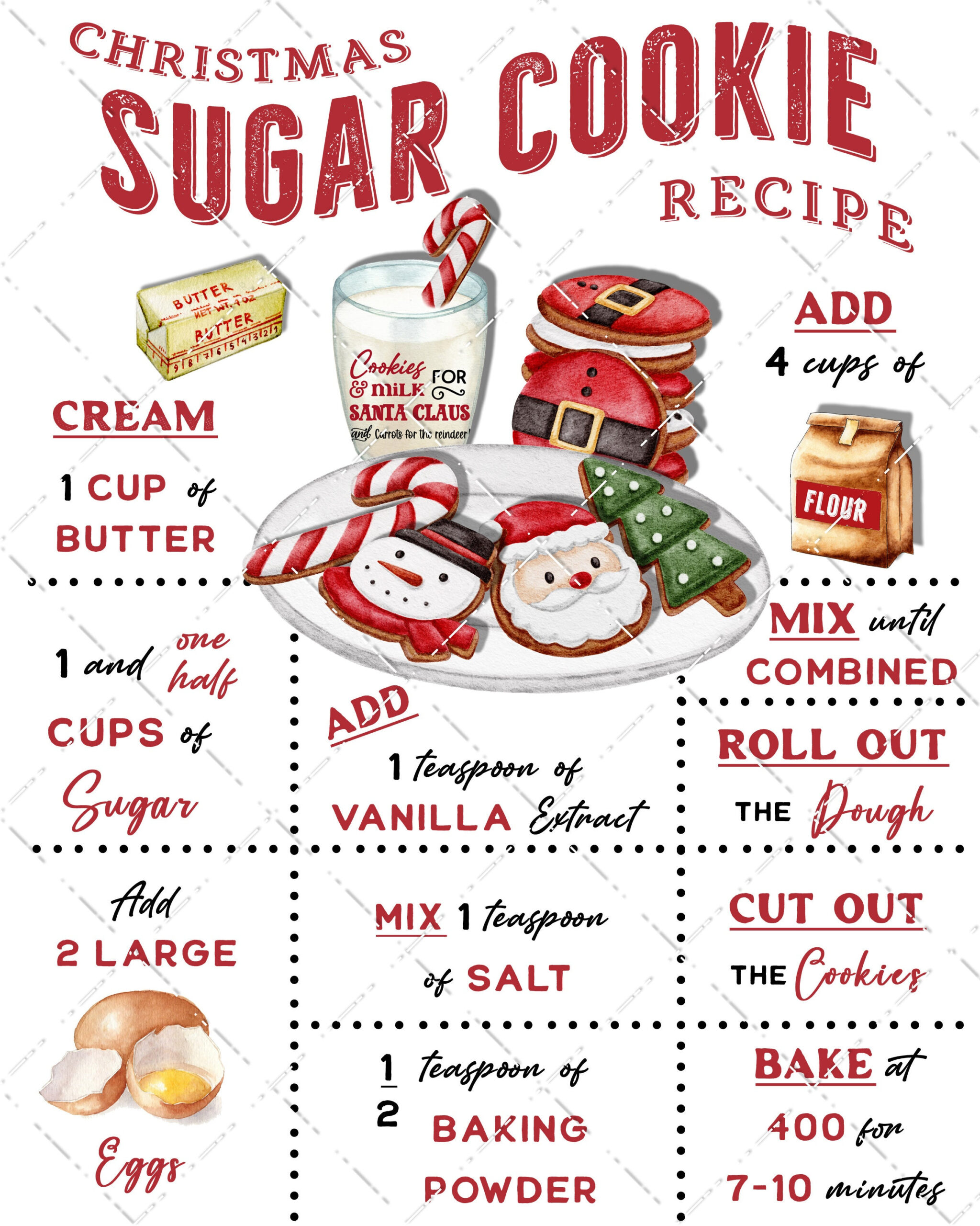Christmas Sugar Cookie Recipe Digital Print Cookies And Milk Diy in Christmas Cookie Recipes Printable