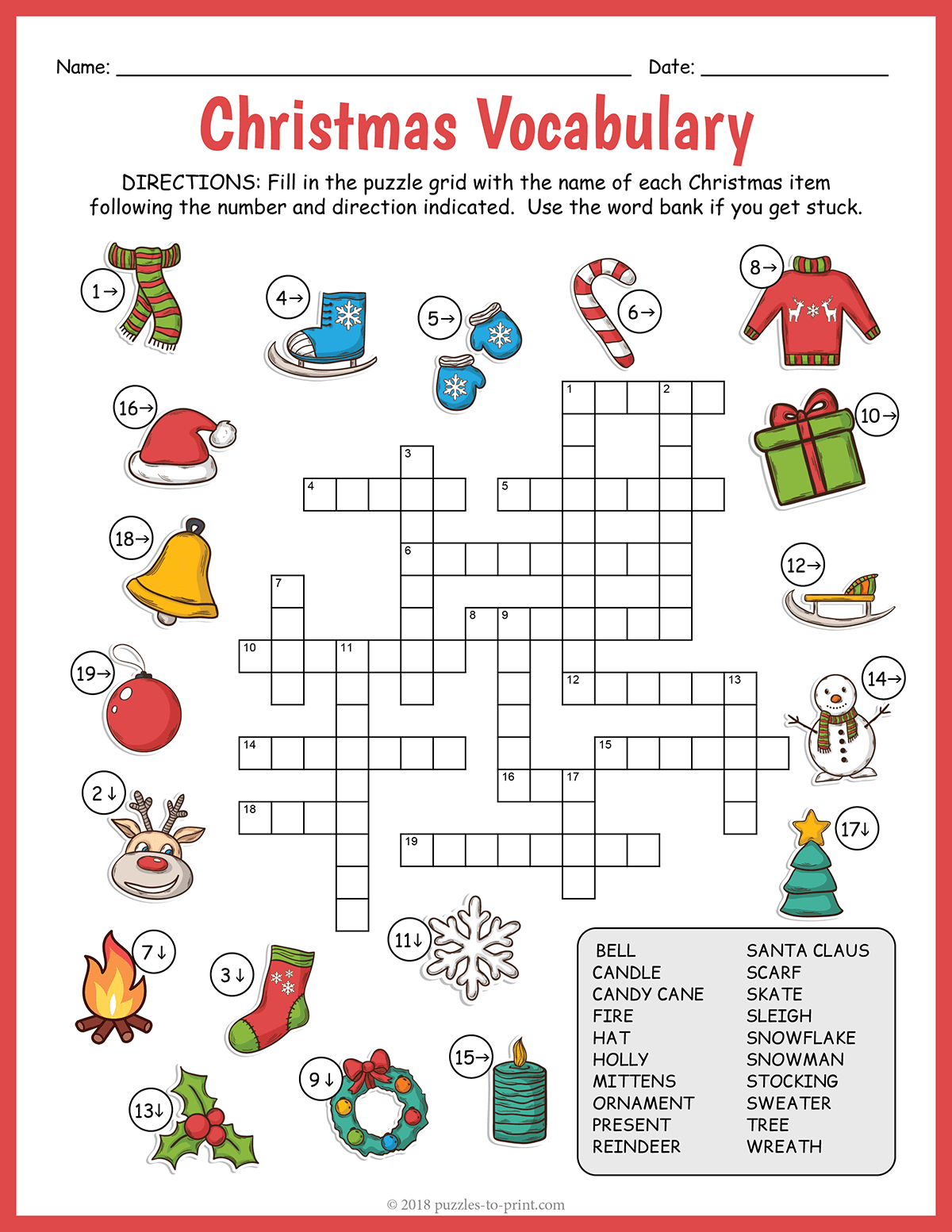 Christmas Vocabulary Image Crossword throughout Free Printable Christmas Crossword Puzzle With Answers
