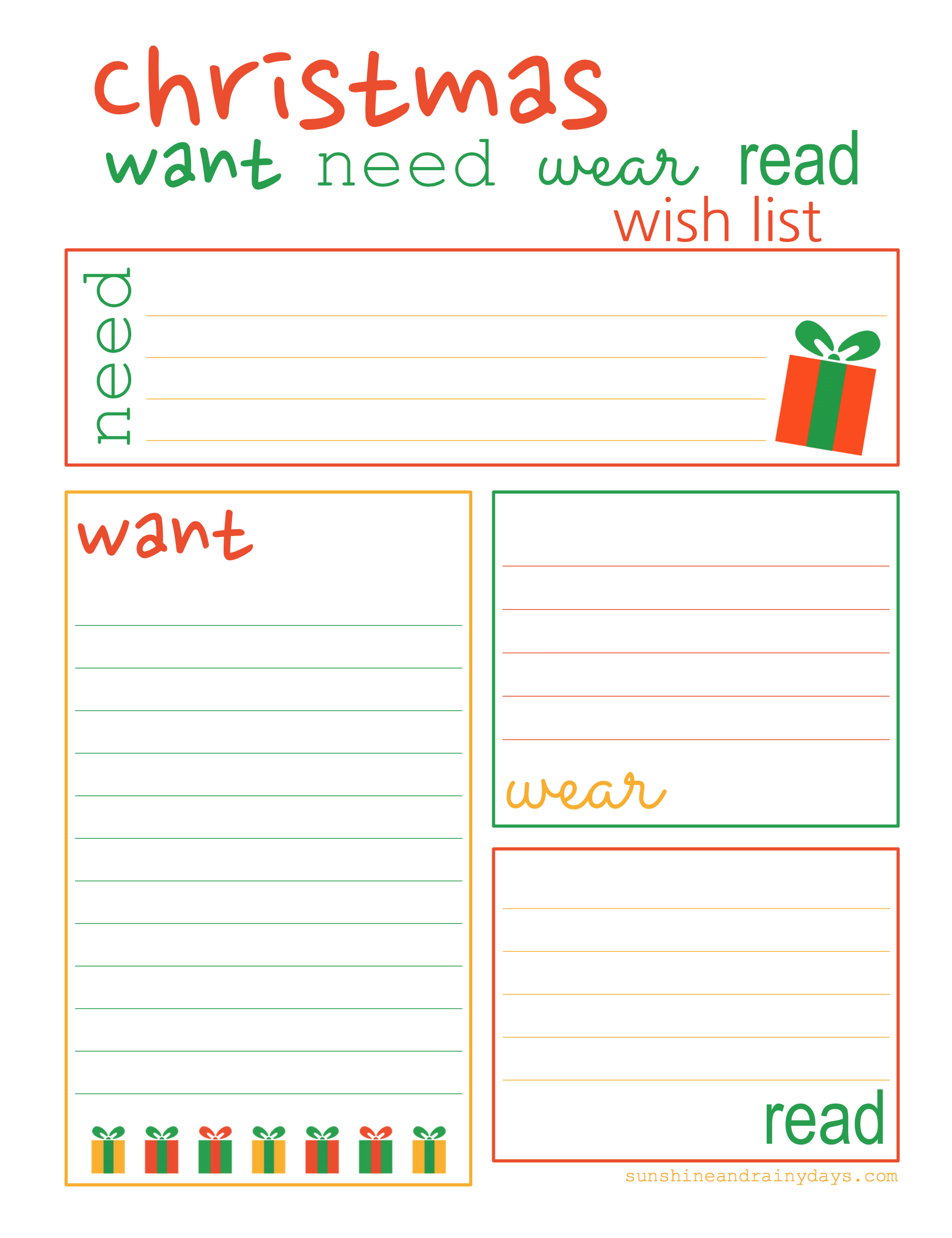 Christmas Want, Need, Wear, Read Shopping And Wish List throughout Christmas List Want Need Wear Read Printable