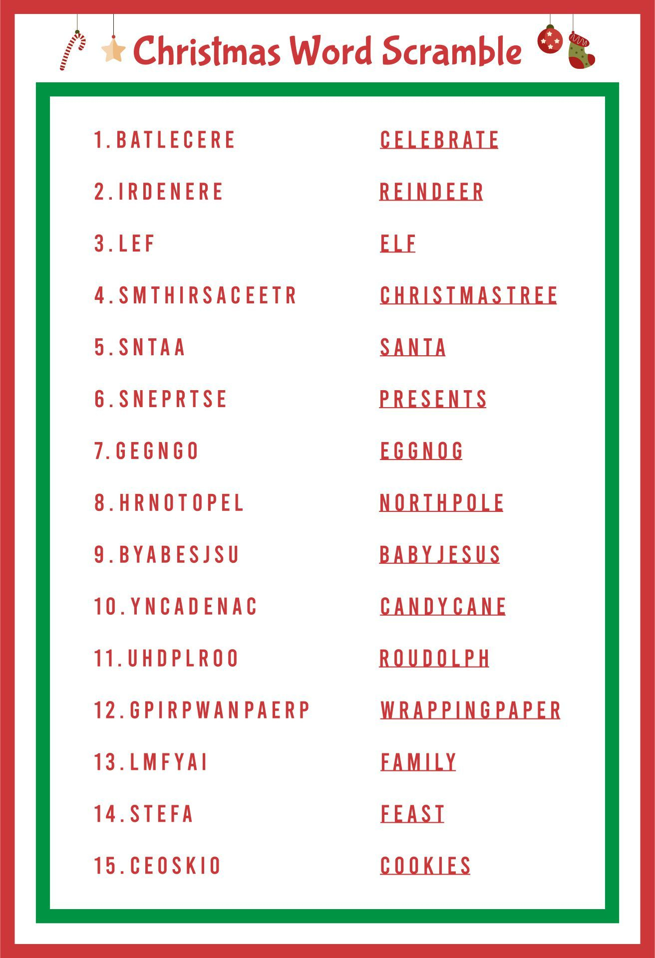 Christmas Word Scramble - 14 Free Pdf Printables | Printablee in Free Printable Christmas Word Scramble with Answers