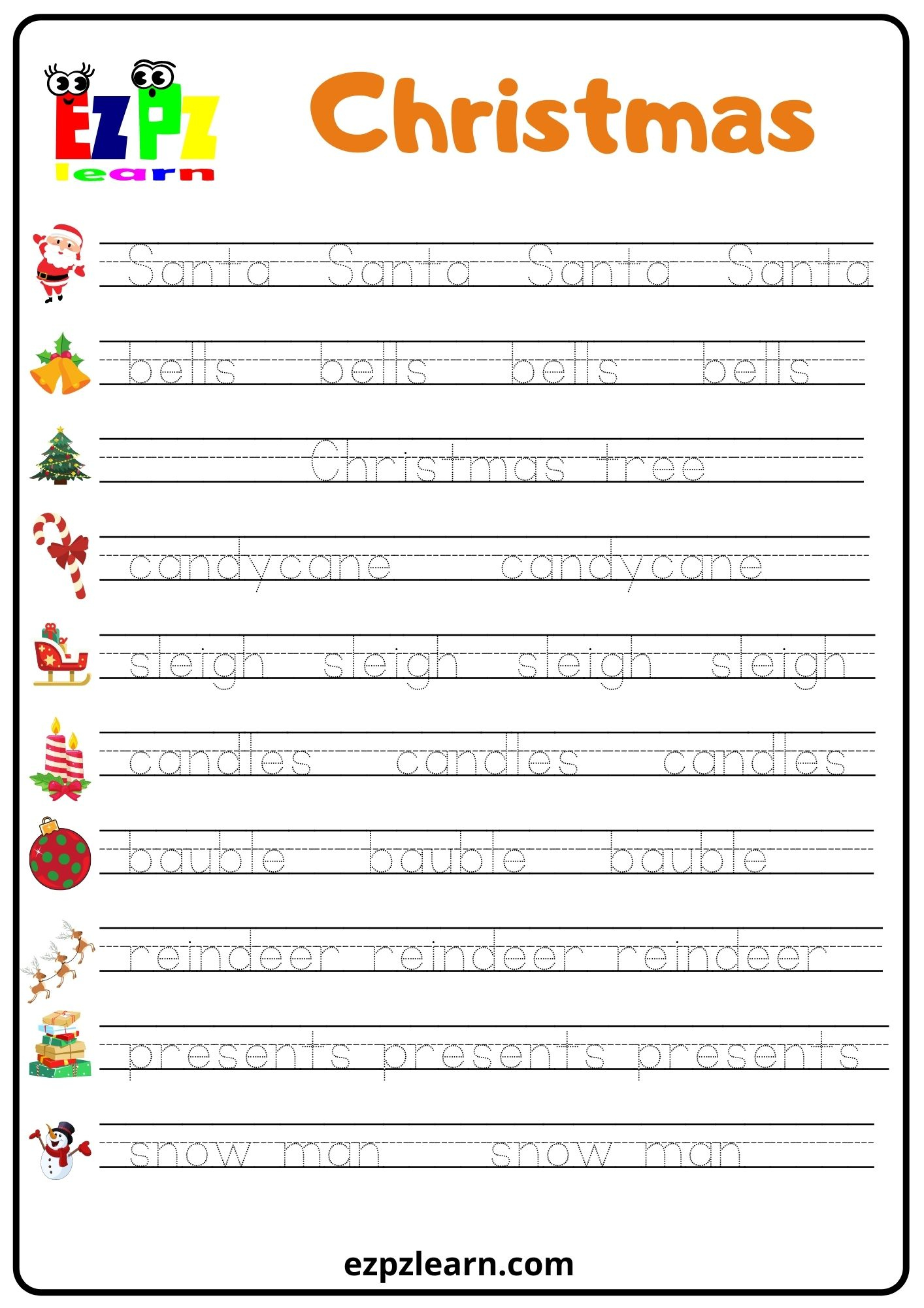 Christmas Word Tracing Worksheet - Ezpzlearn intended for Printable Christmas Tracing Sheets
