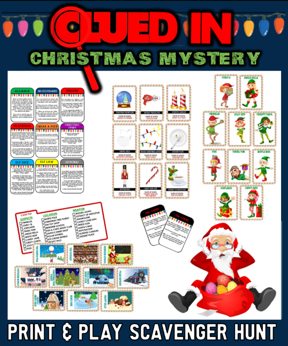 Clued-In Murder Mystery Christmas Scavenger Hunt -Printable Party for Free Printable Mystery Games Christmas