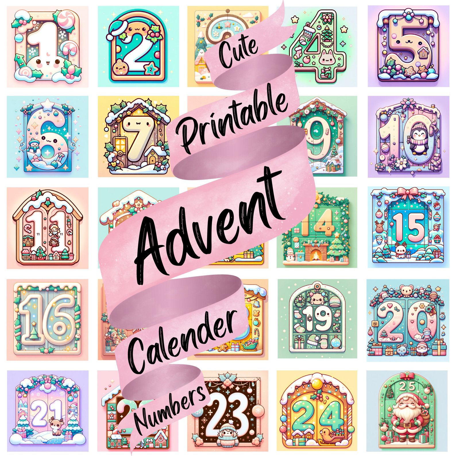 Cute Advent Calendar Numbers Kawaii Christmas Printable Advent intended for Printable Cute Christmas Numbers