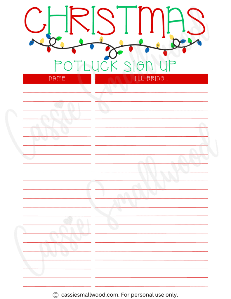 Cute Christmas Potluck Sign Up Sheets - Cassie Smallwood within Free Printable Christmas Party Sign Up Sheet Template