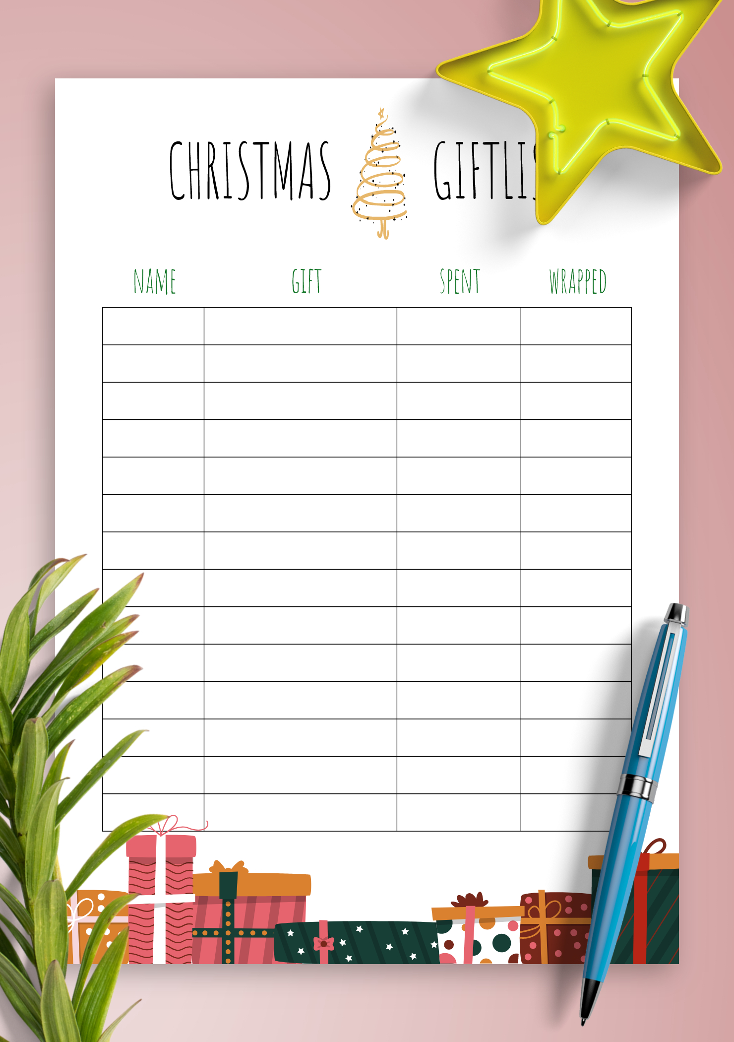 Download Printable Simple Bright Christmas Gift List Pdf throughout Christmas Gift List Template Printable