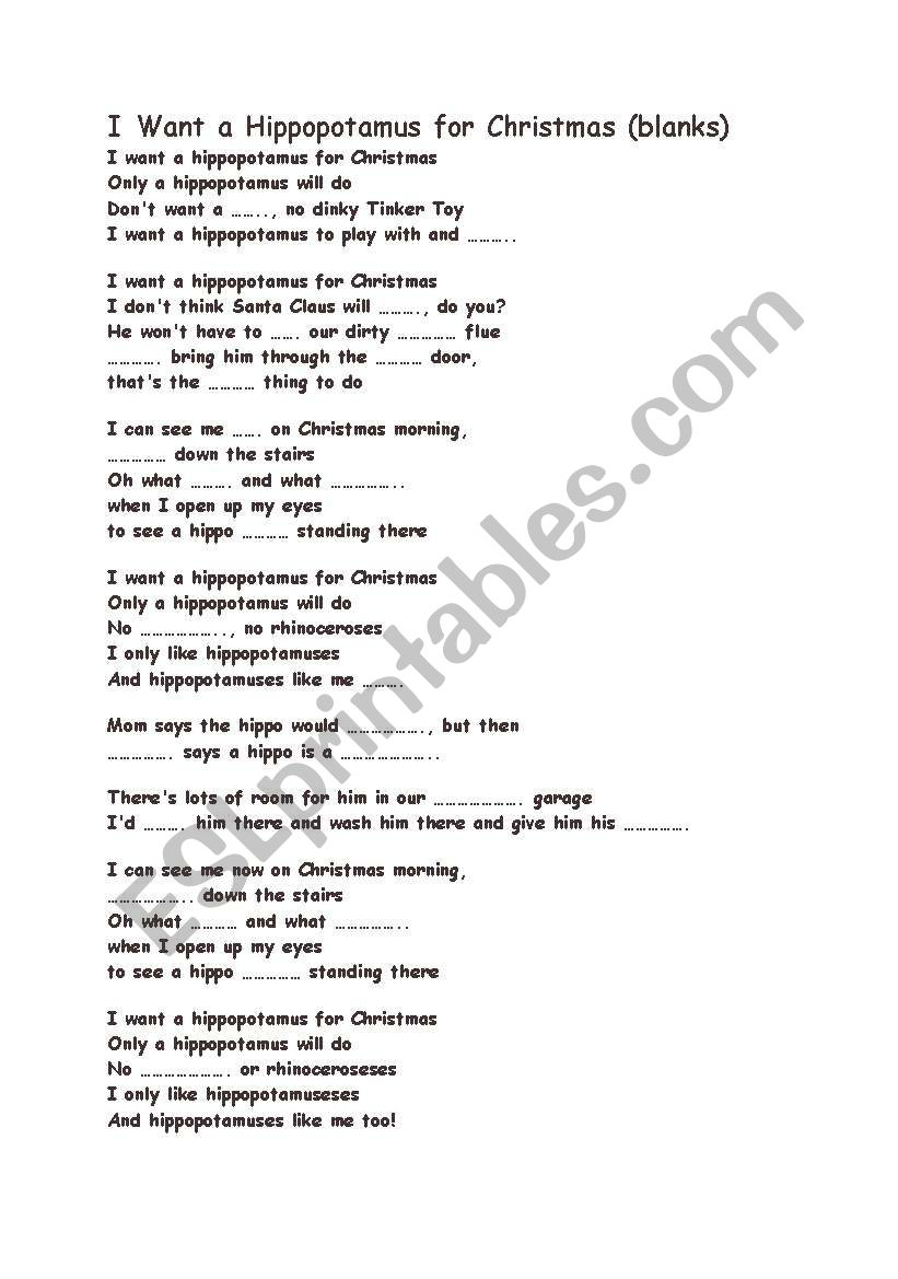 English Worksheets: I Want A Hippopotamus For Christmas inside Printable Lyrics to I Want a Hippopotamus For Christmas