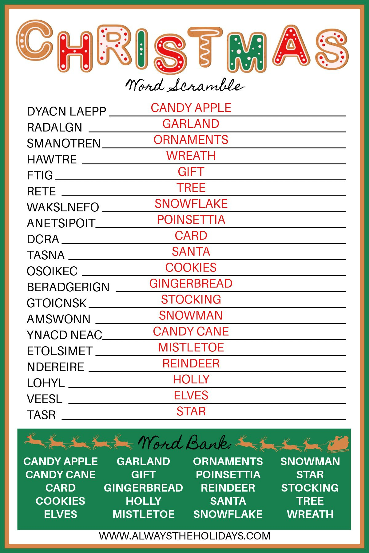 Free Christmas Word Scramble Printable With Answer Key Included inside Free Printable Christmas Word Scramble With Answers
