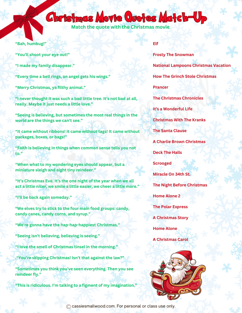 Free Printable Christmas Game - Christmas Movie Quotes Match-Up within Christmas Movie Quotes Printable