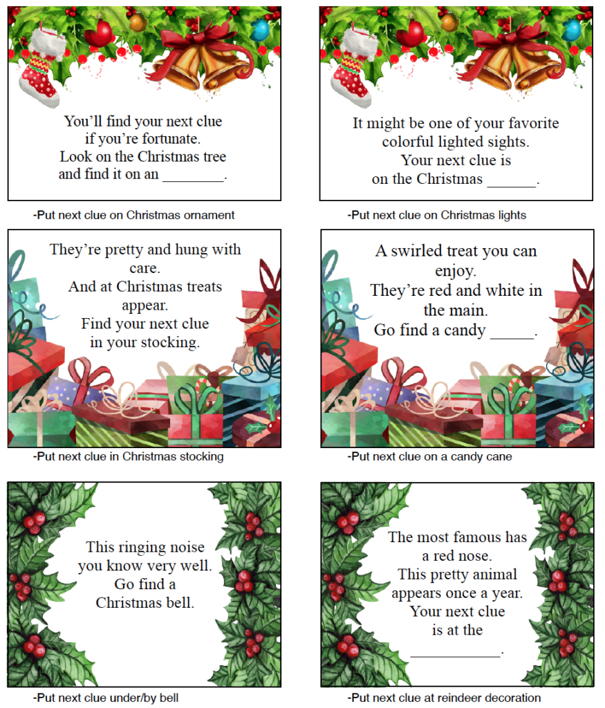Free Printable Christmas Treasure Hunt: 30 Clues Plus Blanks within 46 Printable Christmas Scavenger Hunt Clues
