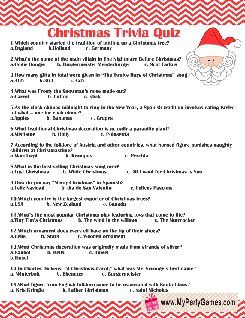 Free Printable Christmas Trivia Quiz for Free Printable Christmas Quiz with Answers