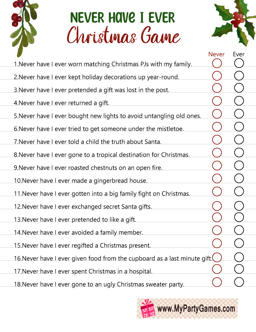 Free Printable Never Have I Ever Christmas Game For Adults throughout Free Printable Christmas Office Games