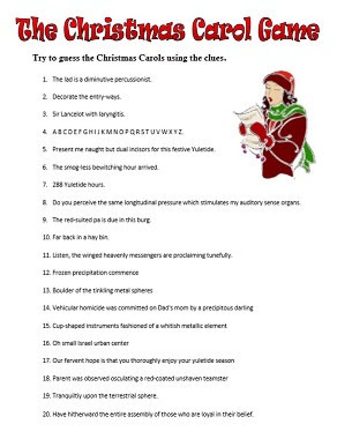 Guess The Christmas Carol Printable Pdf Game - Instant Download regarding Christmas Carol Game Printable