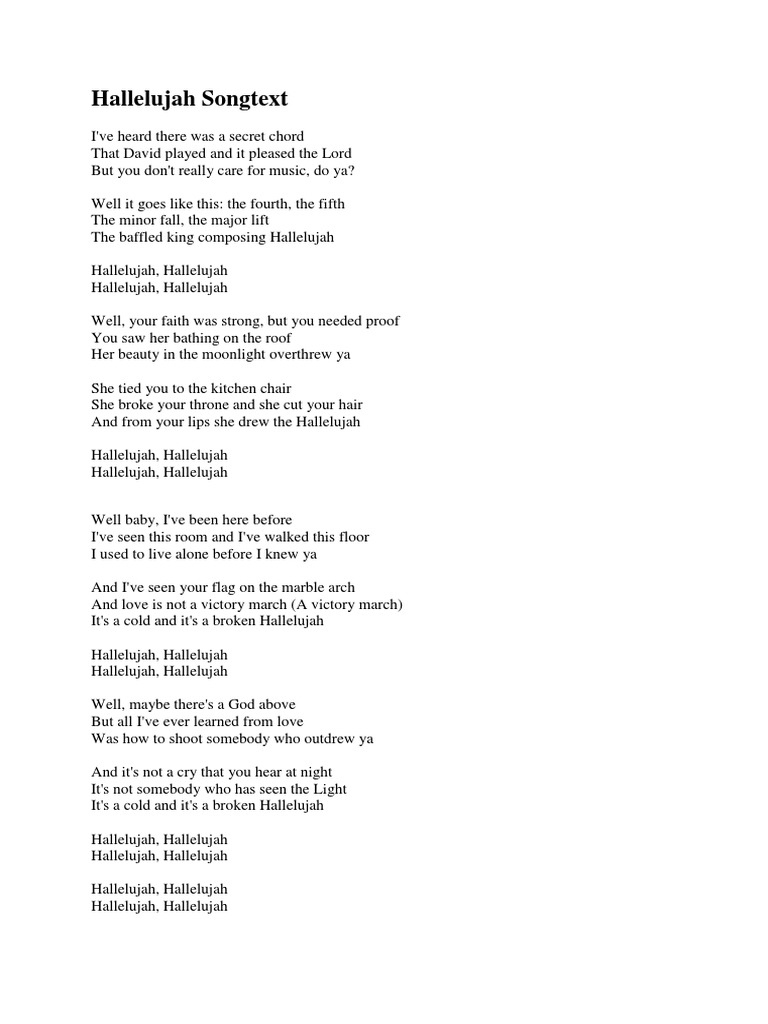 Hallelujah Songtext | Pdf - Worksheets Library regarding Christmas Hallelujah Lyrics Printable