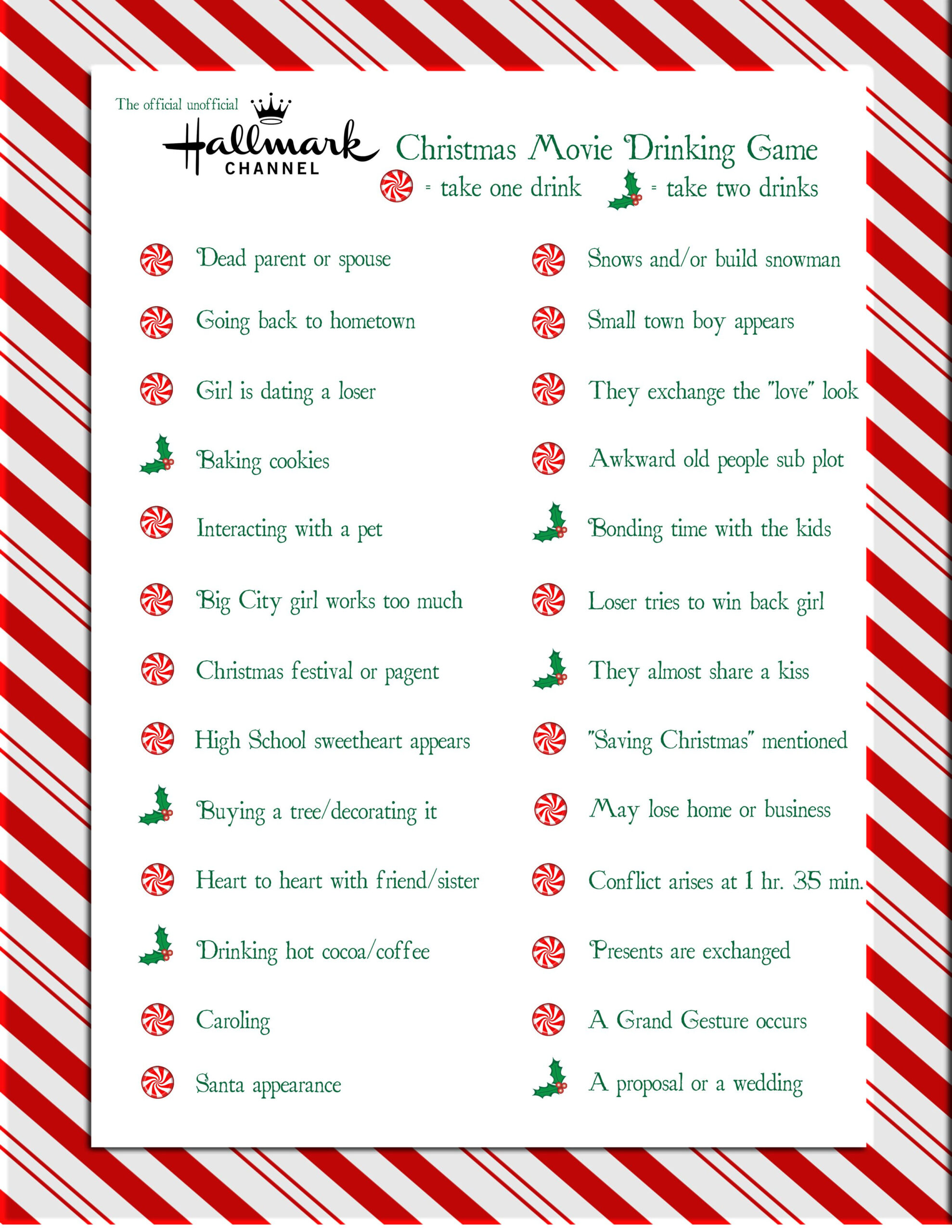 Hallmark Christmas Movie Drinking Game 2018 intended for Hallmark Christmas Movie Drinking Game Printable