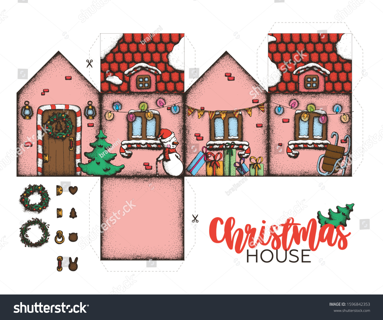 Handdrawn Dotwork Vector Christmas House Template Stock Vector with Christmas House Template Printable