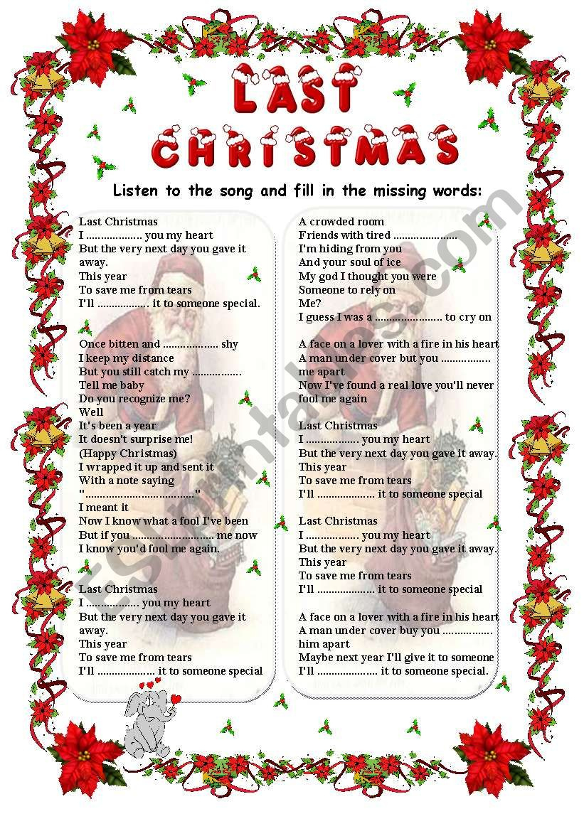Last Christmas - Wham Song (Fill In) - Esl Worksheetgabitza in Last Christmas Lyrics Printable
