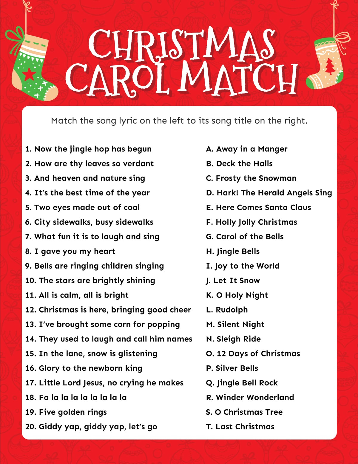 Match The Christmas Carol Game (Free Printable!) - Play Party Plan in Christmas Carol Game Printable