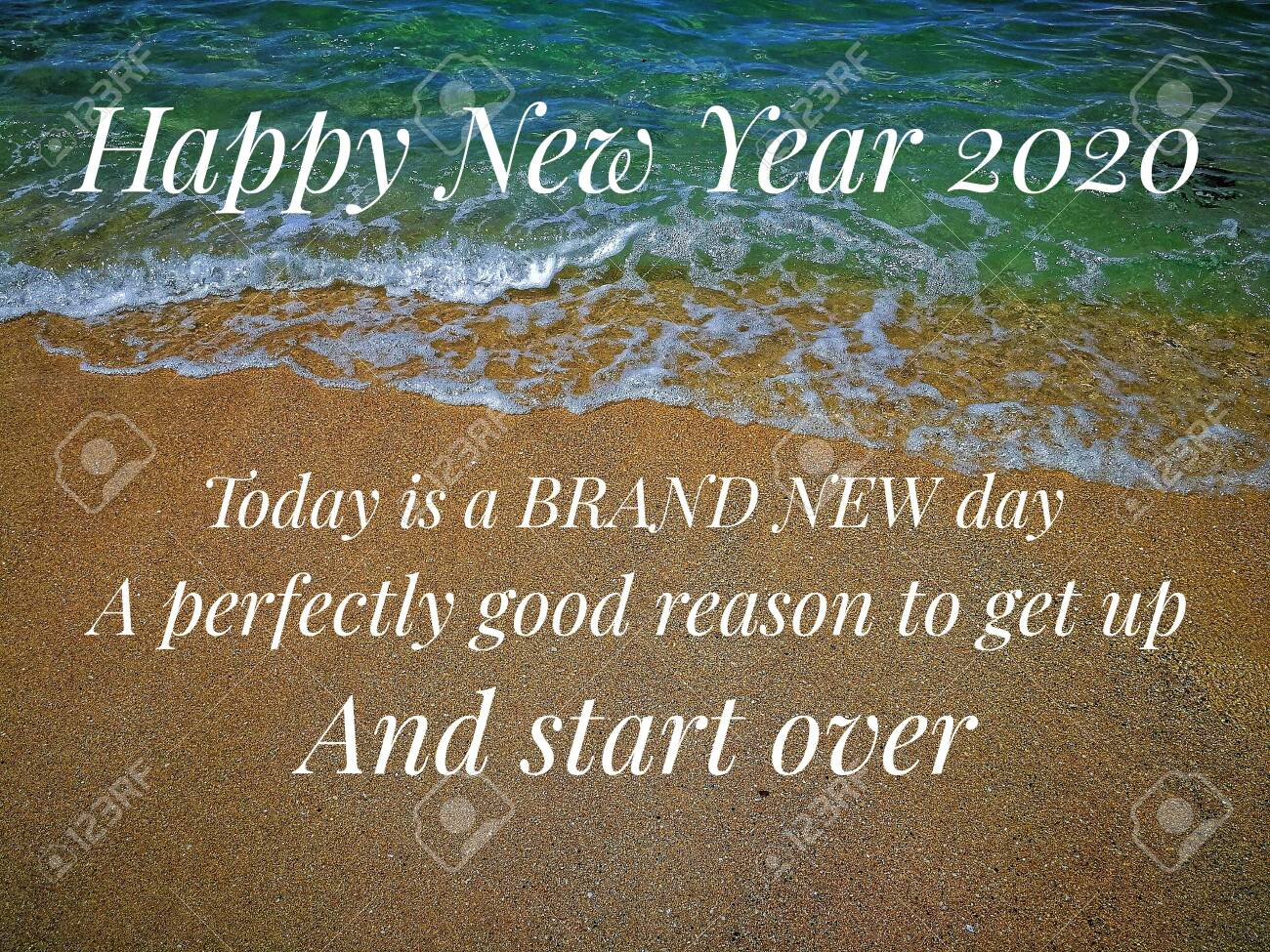 New Year Quote On Blurred Sandy Beach Background Stock Photo regarding Happy New Year Beach Quotes
