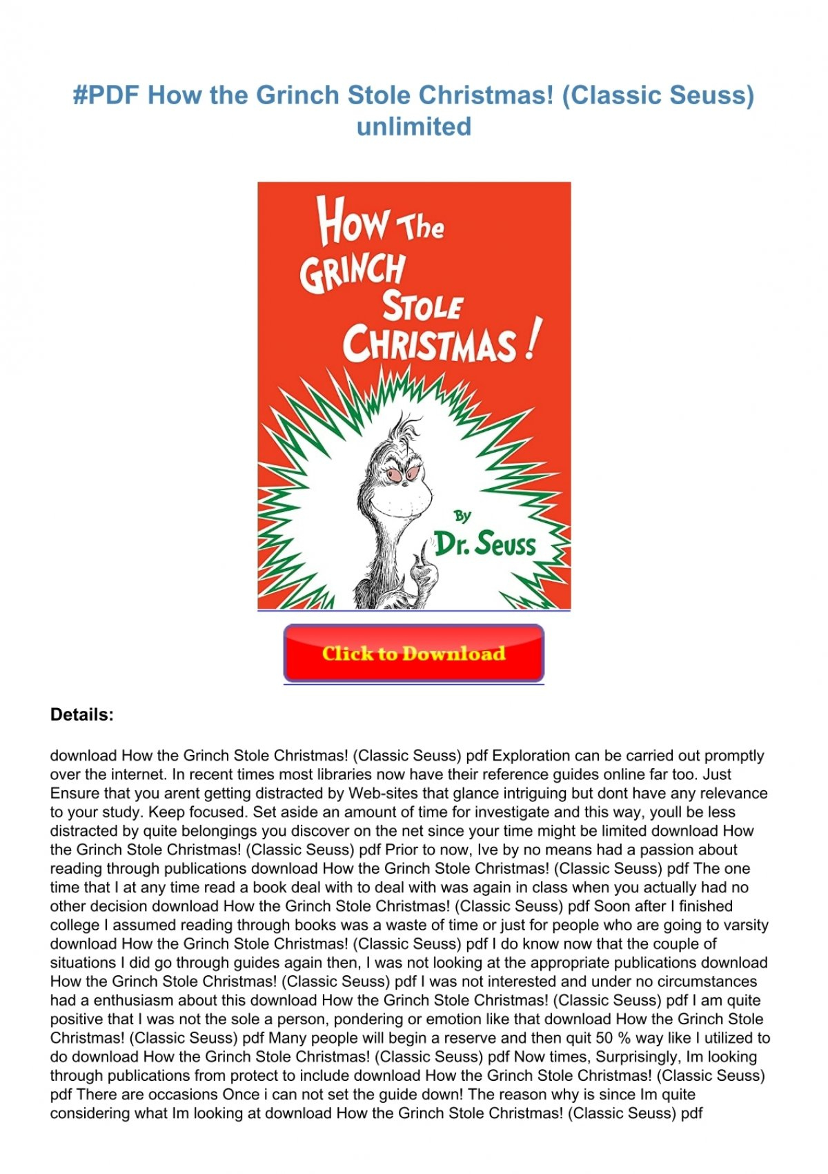 Pdf How The Grinch Stole Christmas! (Classic Seuss) Unlimited throughout How The Grinch Stole Christmas Full Text Free Printable