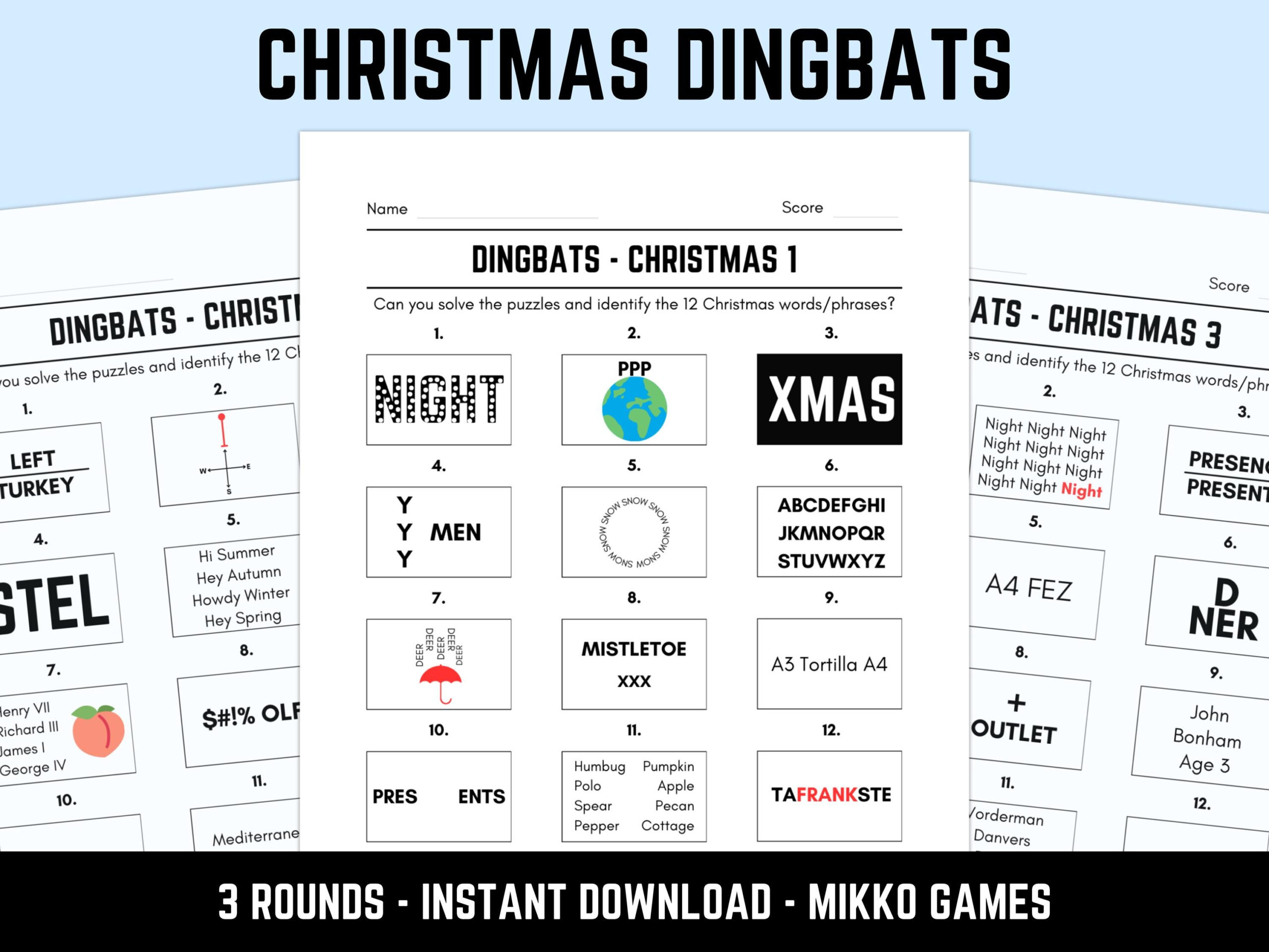 Printable Christmas Dingbats Picture Quiz With Answers: Downloadable Xmas  Rebus Puzzles, Pub Quiz Sheets, Family Game Night inside Printable Christmas Picture Quiz with Answers